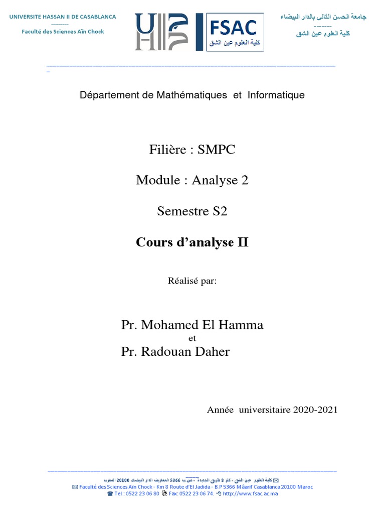 Cours d'Analyse 2 - Semestre S2 | PDF | Intégral | Fonction (Mathématiques)
