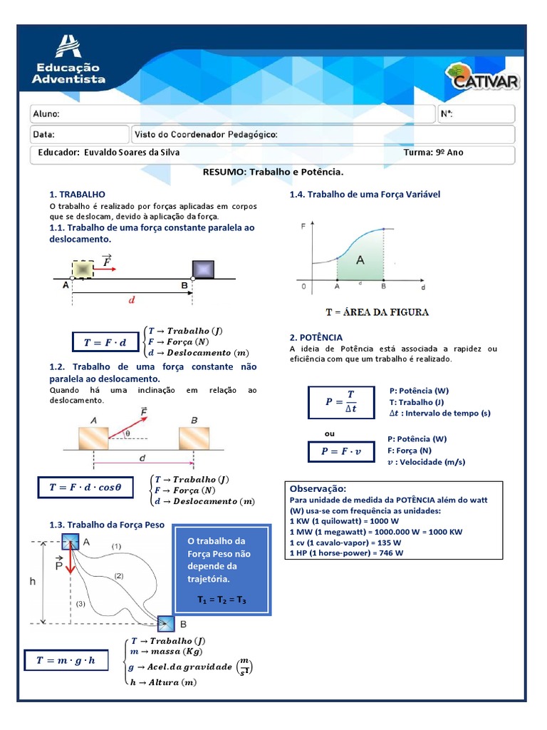 Resumo - Trabalho e Potência - Revisão | PDF | Taxas | Potência (Física)
