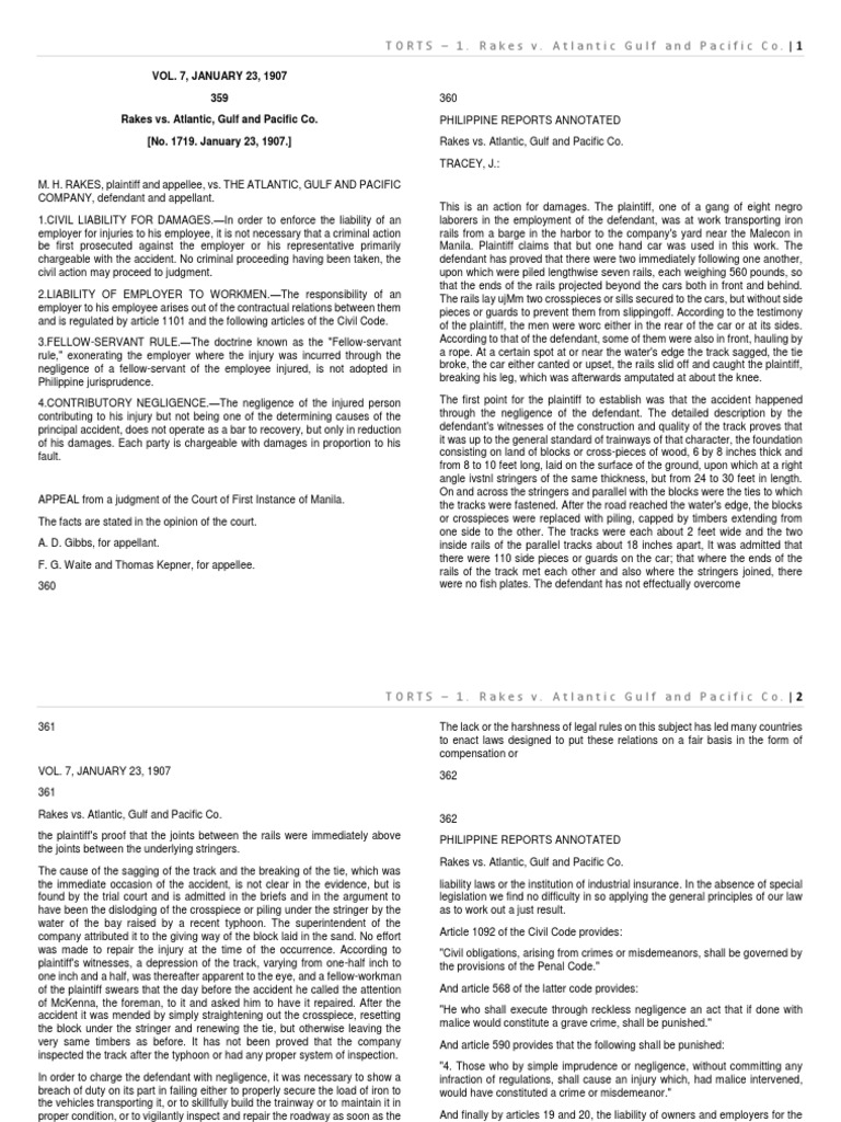 TORTS 1. Rakes v. Atlantic Gulf and Pacific Co. PDF Contributory