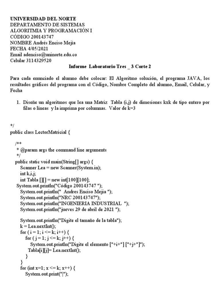 Algoritmos y Programas en Java para Matrices | PDF | Matriz ...