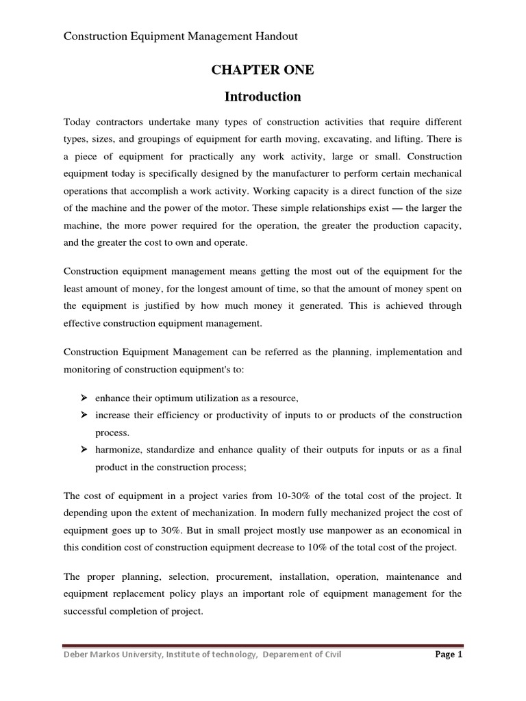 Chapter One Construction Equipment Management Handout PDF Heavy