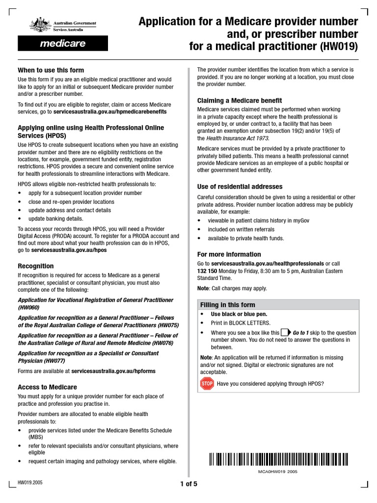 Application For A Medicare Provider Number And, or Prescriber 