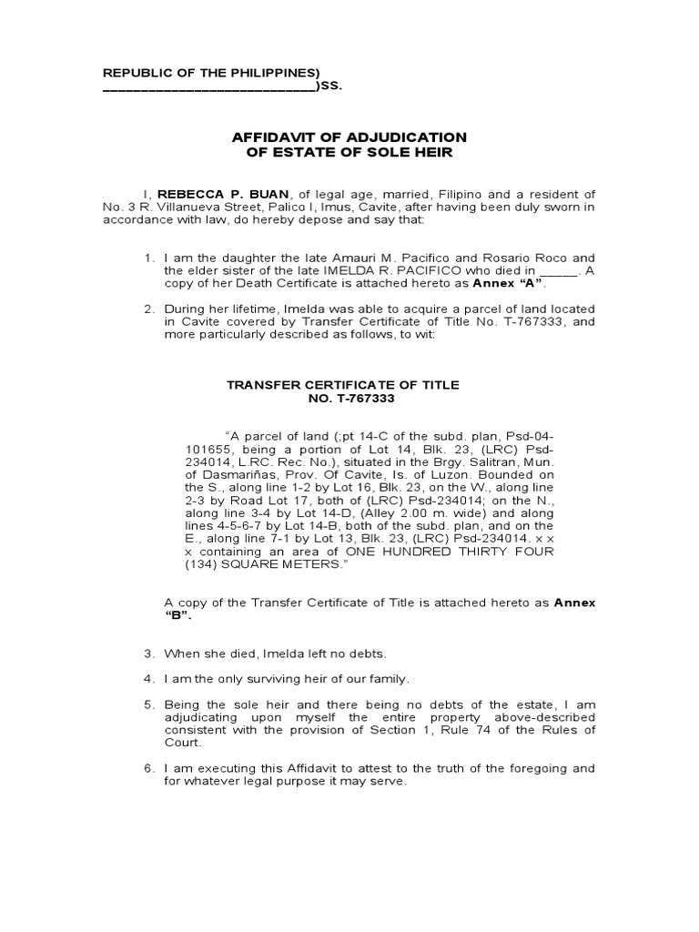 Affidavit of Adjudication of Estate of Sole Heir Republic of The