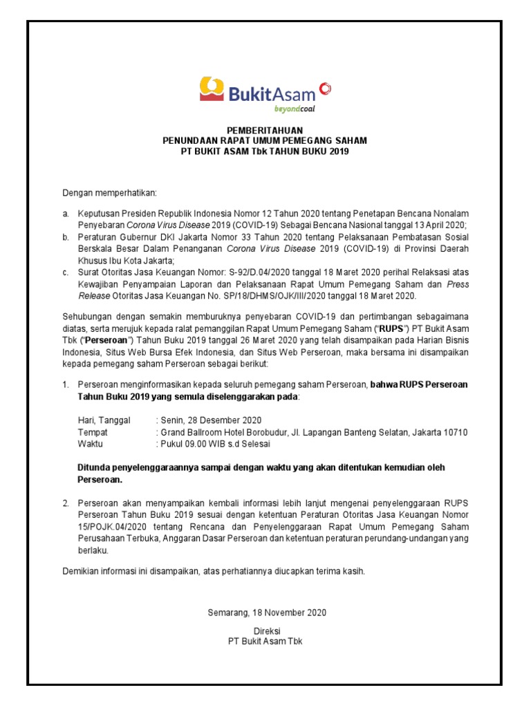 Contoh Surat Pemberitahuan RUPS PTBA | PDF