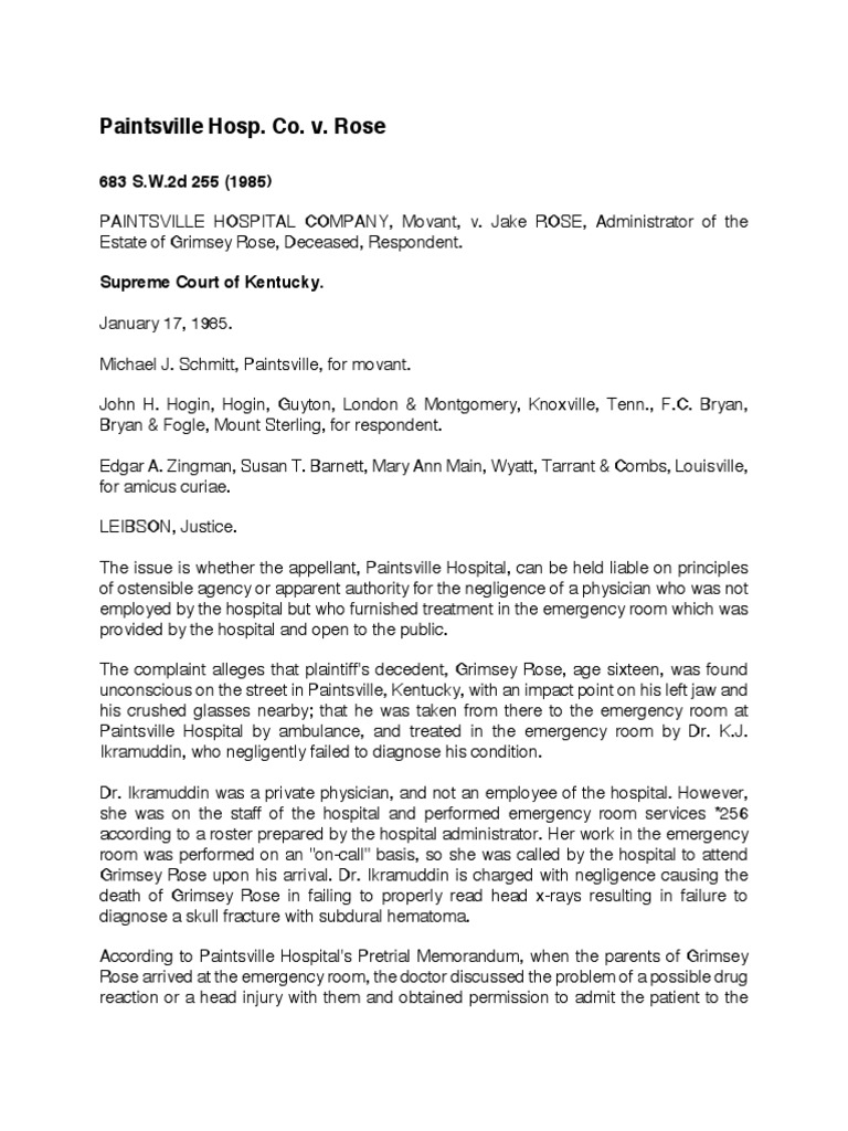 Paintsville Hospital V Rose PDF Law Of Agency Summary Judgment