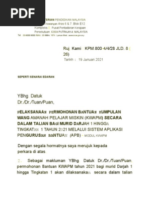 Talian Melalui Sistem Aplikasi Pengurusan Bantuan Apb Cent Acirc Sbquo Not Acirc Euro Zwnj Modul Kwapm Untuk Murid Dariah 2 Hinqqa Pdf Document