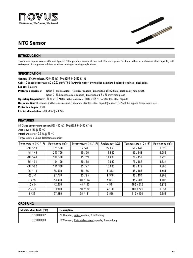 NTC Temperature Sensor Specification Sheet Detailed Technical