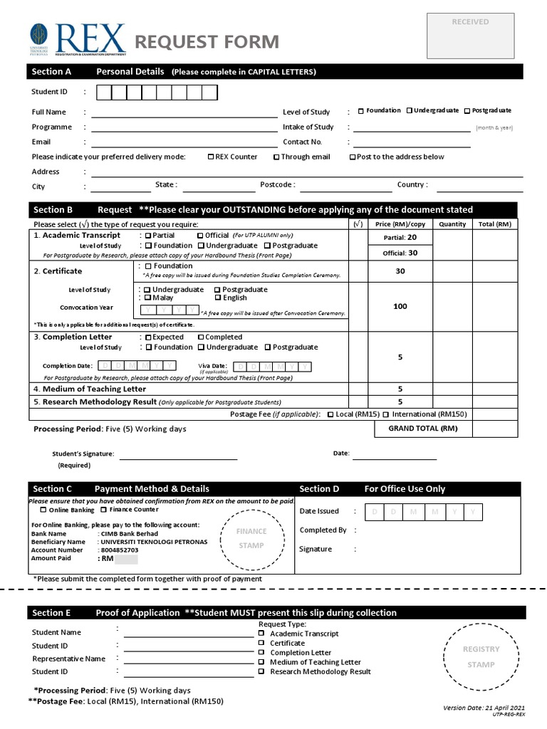 REX Document Request Form | PDF | Postgraduate Education | Thesis
