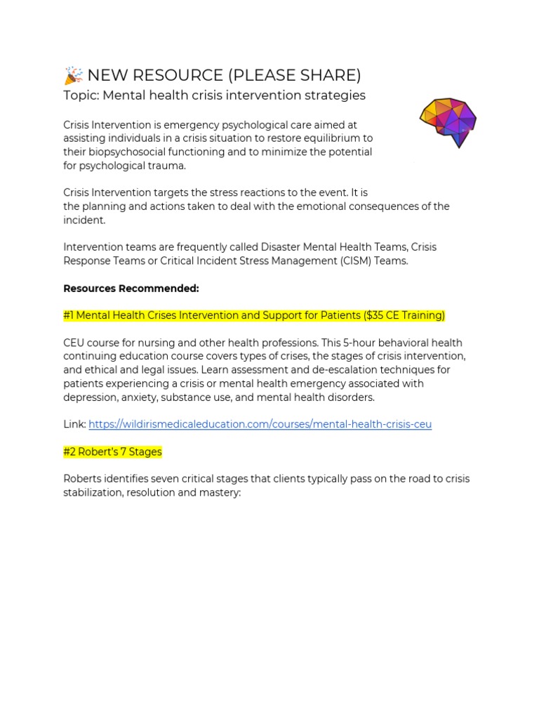 Mental Health Crisis Intervention Resources | PDF | Mental Disorder ...
