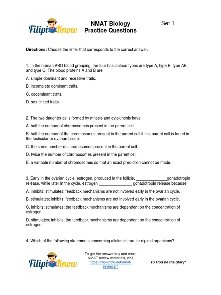 NMAT Biology Practice Questions Set 1 | PDF | Phenotypic Trait ...
