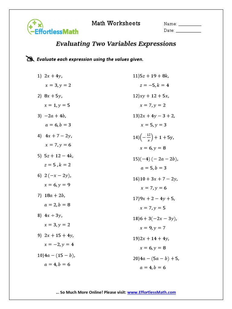 Evaluating Two Variables Expressions | PDF | Teaching Mathematics ...