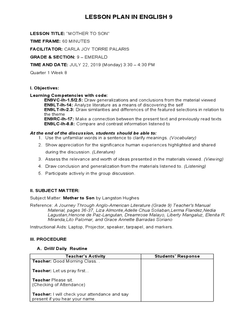 A Detailed Lesson Plan In English For Grade 9 Students Question