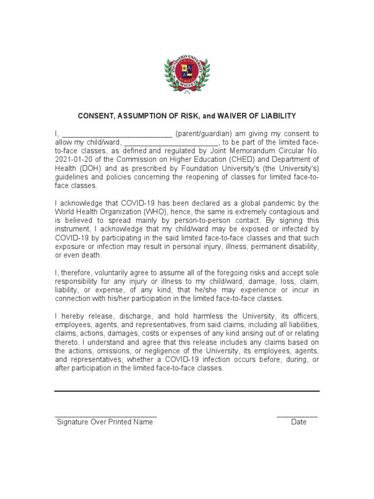 Consent, Assumption of Risk, and Waiver of Liability | PDF