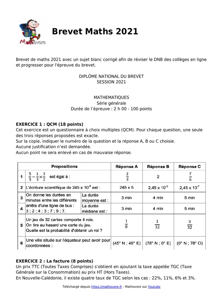 Sujet Brevet Maths 2021 Pdf Corrigé Brevet Maths 2021 Sujet Corrige Blanc Pour La Revision Du DNB | PDF | Taxe  sur la valeur ajoutée | Le volume