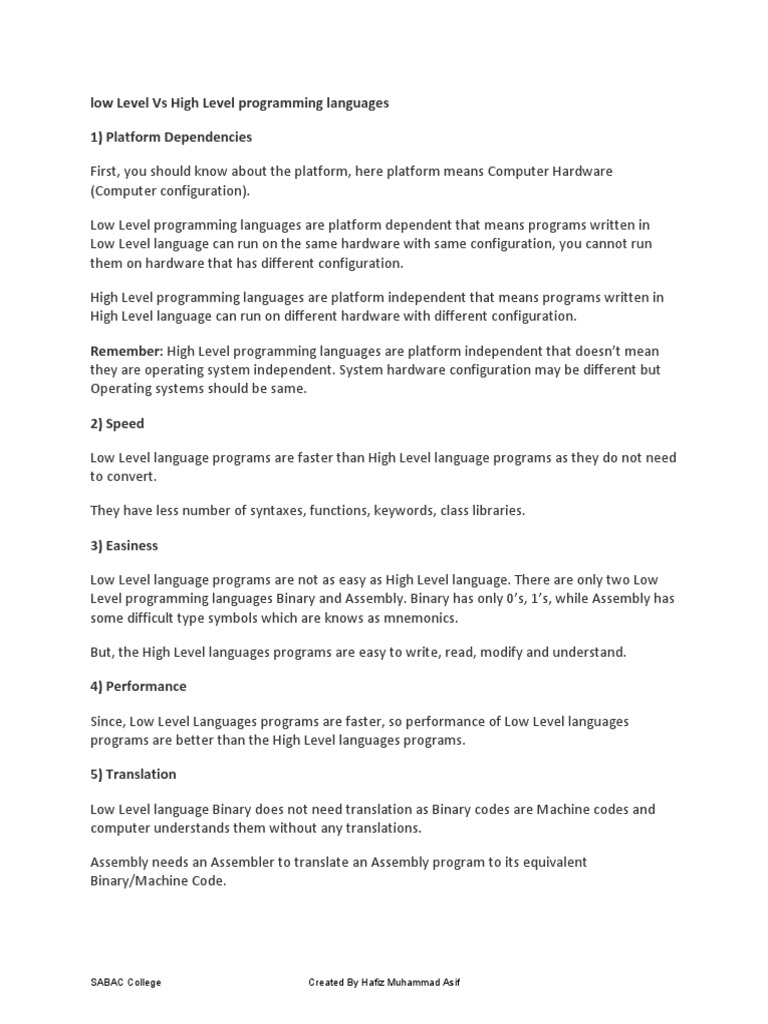 Lecture 1 Low Level Vs High Level Programming Languages | PDF ...