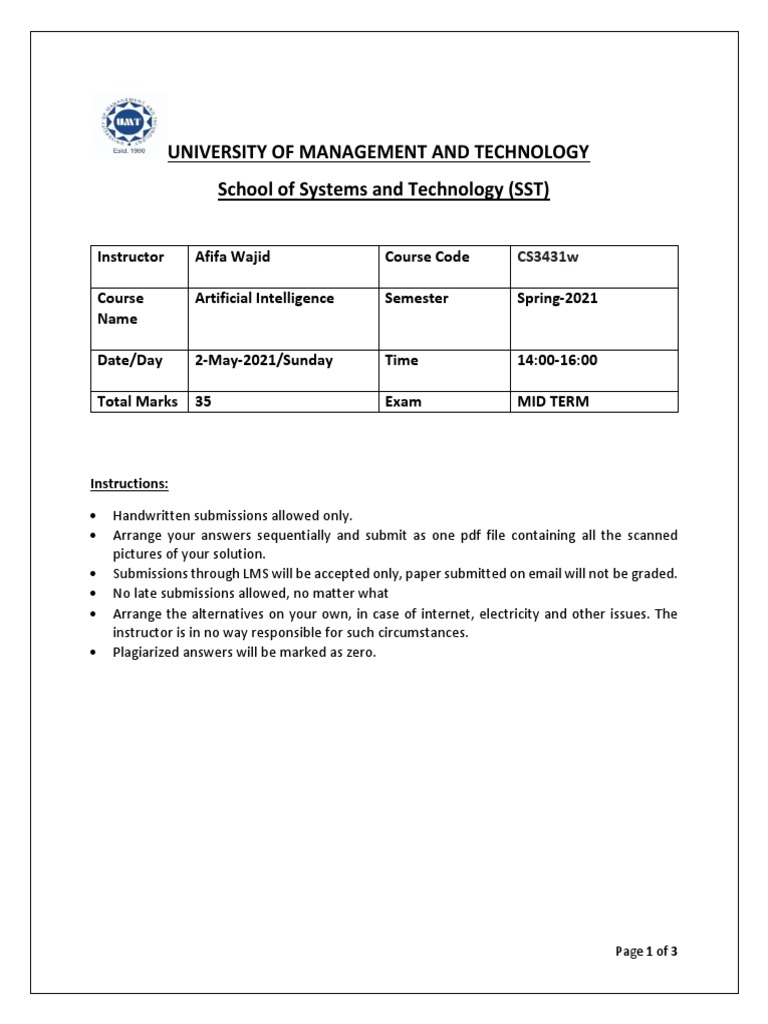Artificial Intelligence Exam PDF Mathematical Logic Combinatorics