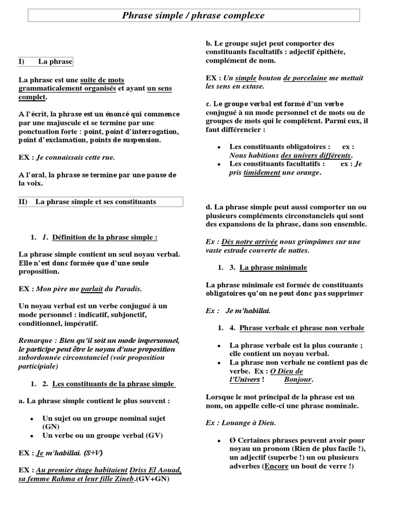 Evaluation Phrase Verbale Et Non Verbale 6eme Phrase Simple - Complexe | PDF | Clause | Phrase