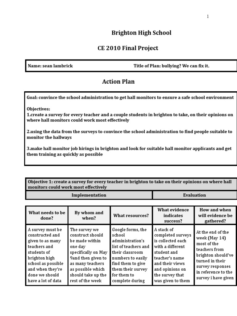 Getting Hall Monitors To Enforce Hallway Guidelines Action Plan PDF