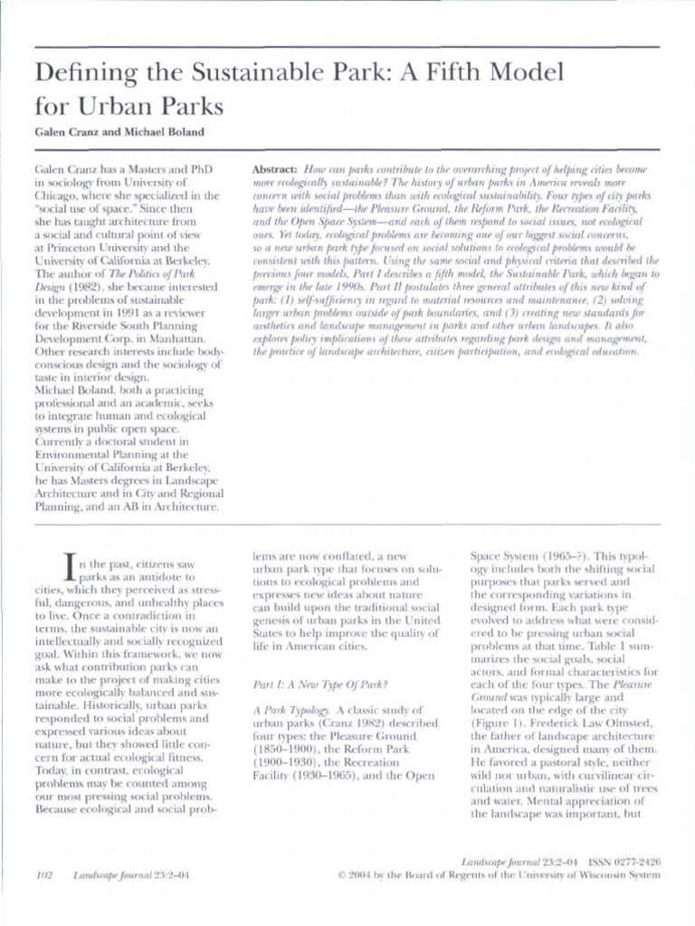 Defining The Sustainable Park: A Fifth Model For Urban Parks | PDF ...