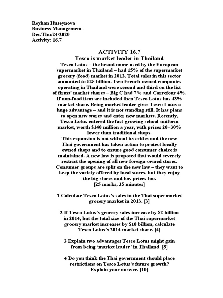 Activity 16.7 Tesco Is Market Leader In Thailand | Pdf | Supermarket |  Grocery Store