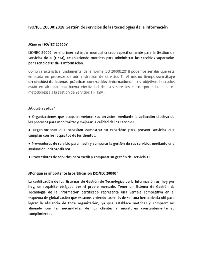ISO 20000: Gestión de Servicios TI | PDF | It Service Management | Business