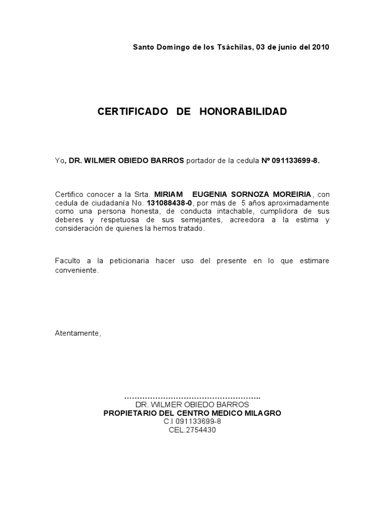 CERTIFICADO DE HONORABILIDAD