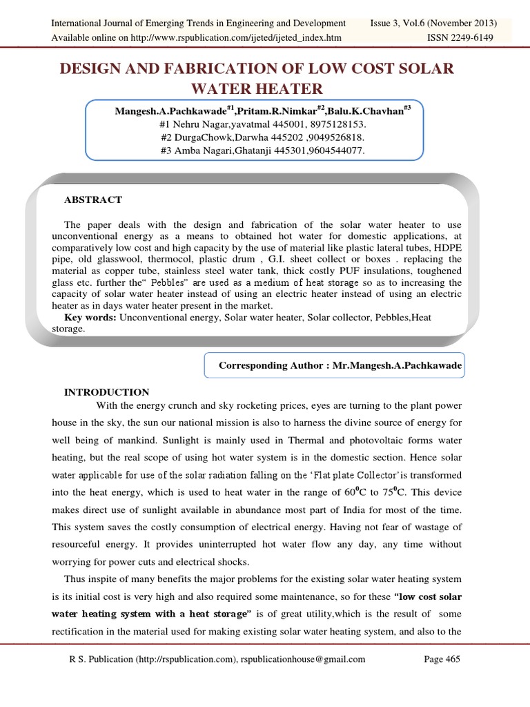 Design Low Cost Solar Water Heater | PDF | Solar Energy | Water Heating