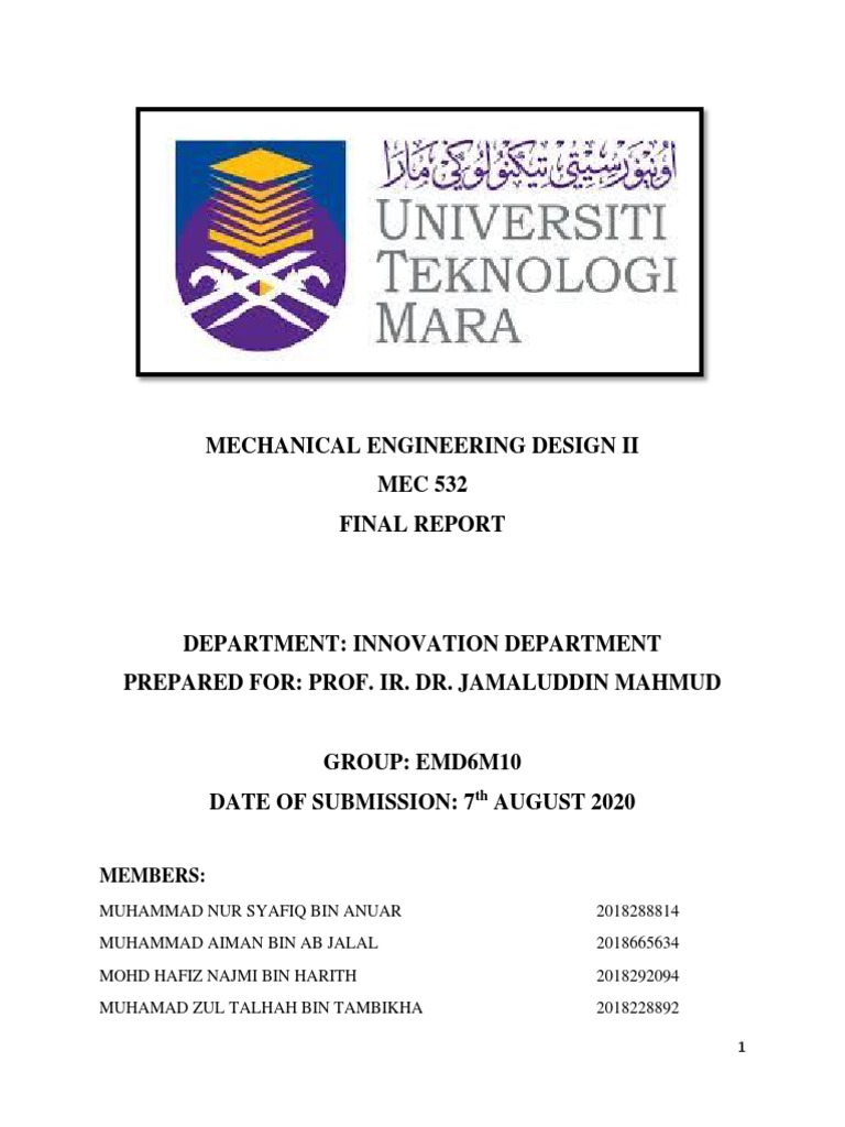 Mechanical Engineering Design Ii MEC 532 Final Report: Members | PDF ...