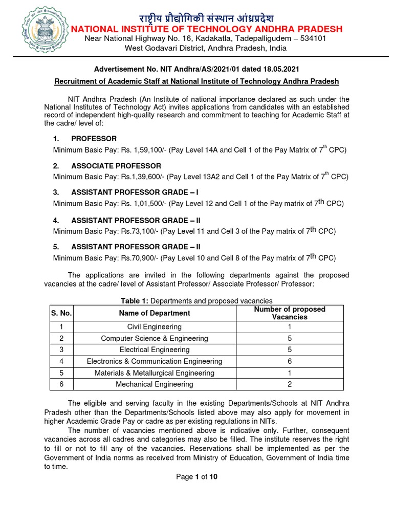 NIT Andhra Pradesh Faculty Recruitment | PDF | Doctor Of Philosophy ...