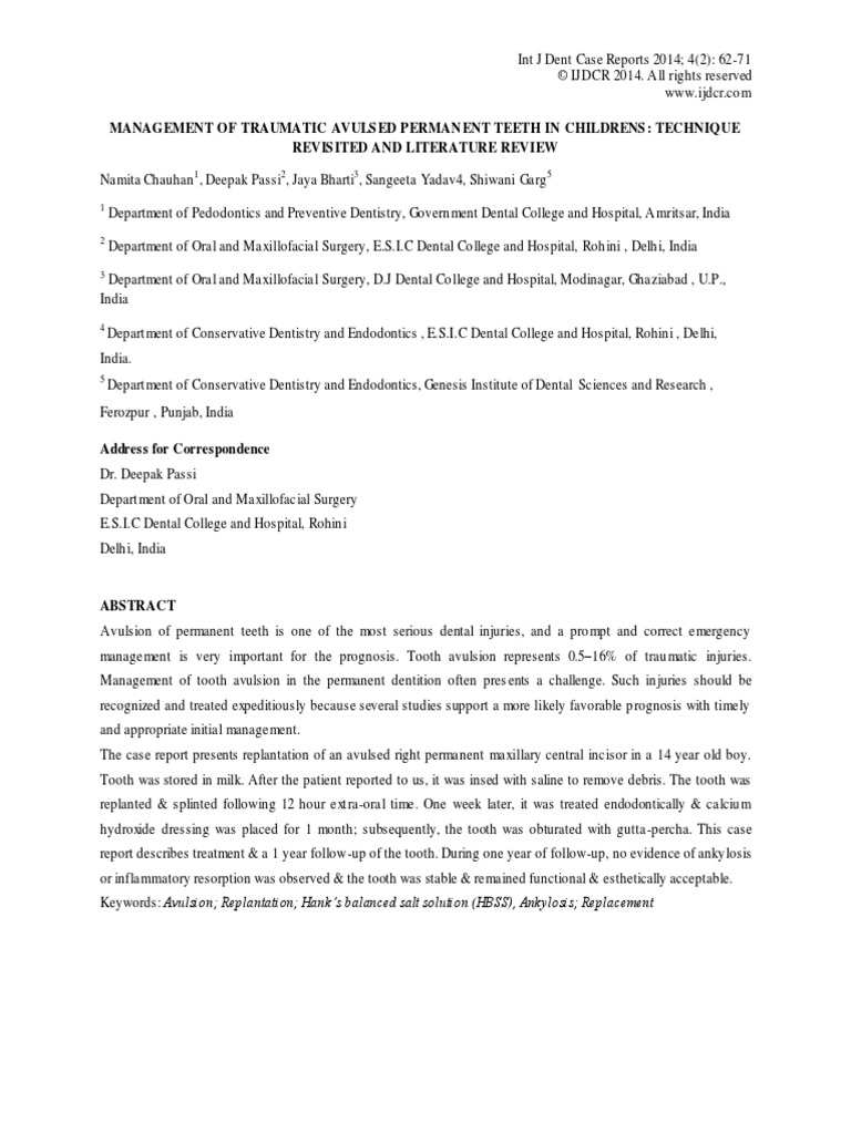 13 Management of Traumatic Avulsed Permanent Teeth in Childrens ...