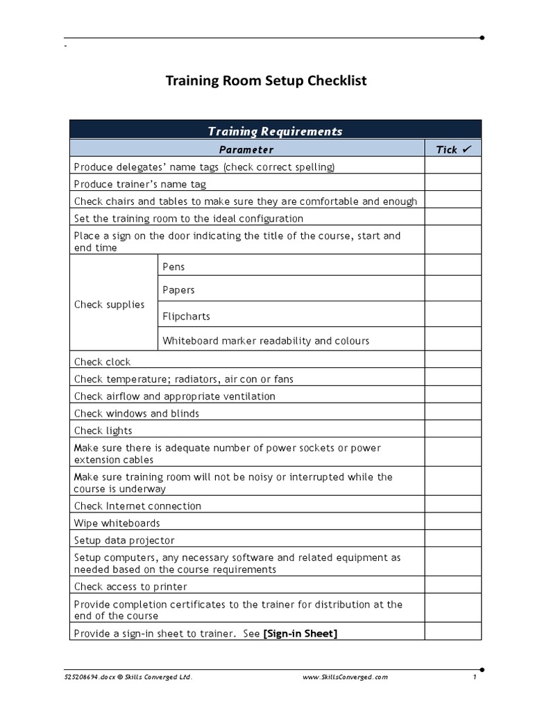 Training Room Setup Checklist PDF