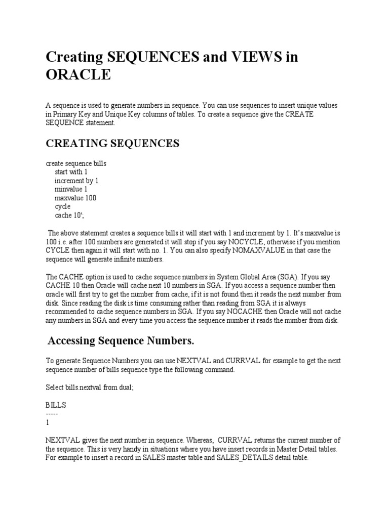 Chapter 7 Creating SEQUENCES and VIEWS in ORACLE | PDF | Table ...