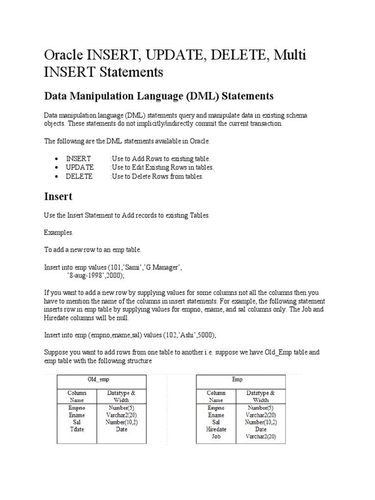 Chapter 3 Oracle Insert, Delete, Update - DML | PDF | Table (Database ...