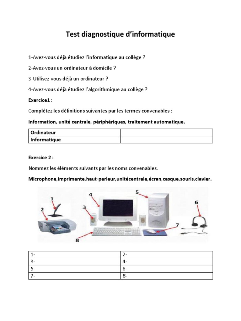 Test diagnostique en informatique collège | PDF | Ordinateurs ...