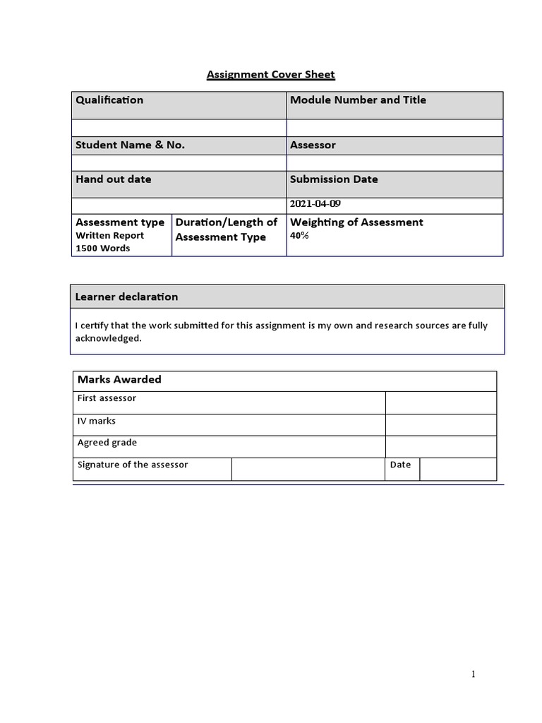 Assignment Cover Sheet Qualification Module Number and Title | Download ...