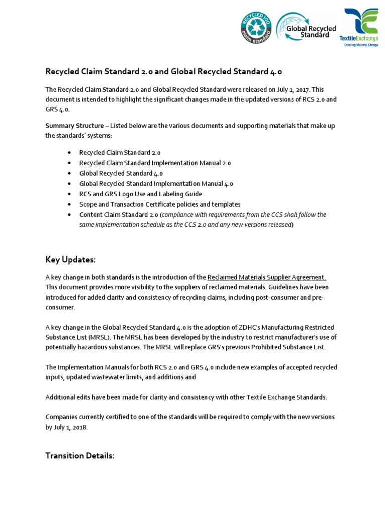 Updates on RCS 2.0 and GRS 4.0 Standards | PDF | Technology & Engineering