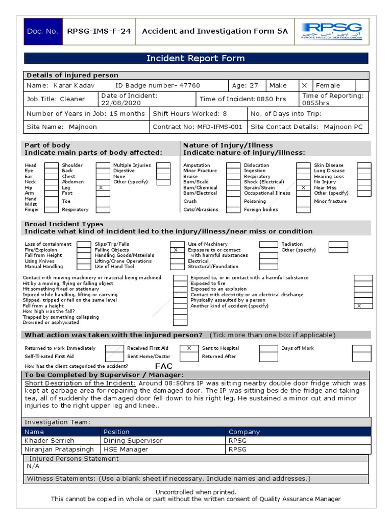 Incident Report Form: RPSG-IMS-F-24 Accident and Investigation Form 5A ...