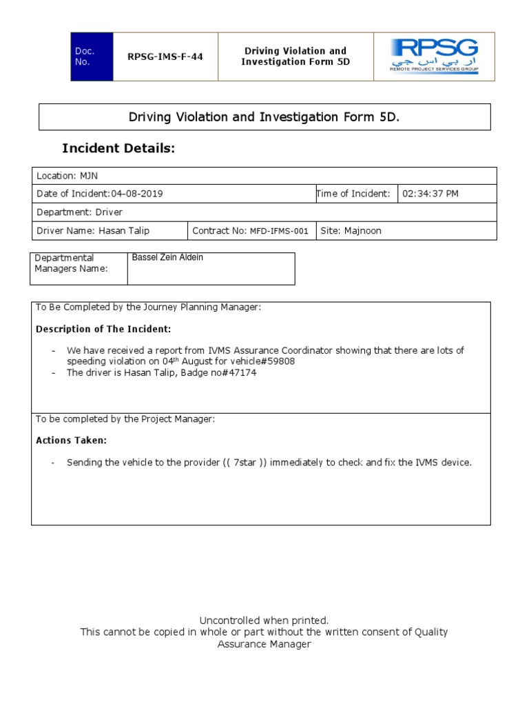 RPSG-IMS-F-44 Driving Violation and Investigation Form 04-08-2019 | PDF
