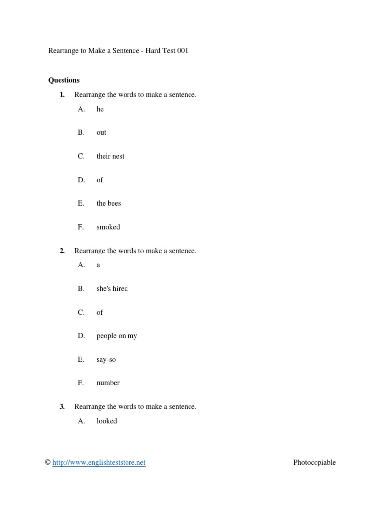 Rearrange To Make A Sentence - Hard Test 001 | PDF | Language Arts ...