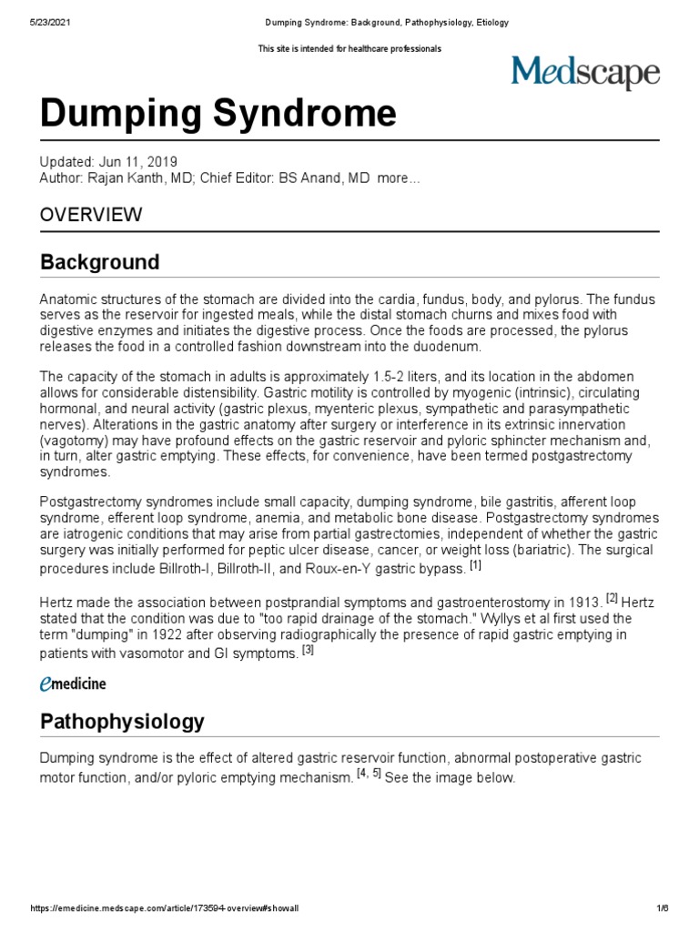 Dumping Syndrome - Background, Pathophysiology, Etiology | PDF ...