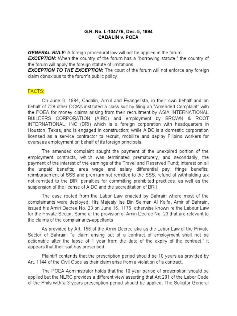 Cadalin vs. POEA PDF Statute Of Limitations Employment