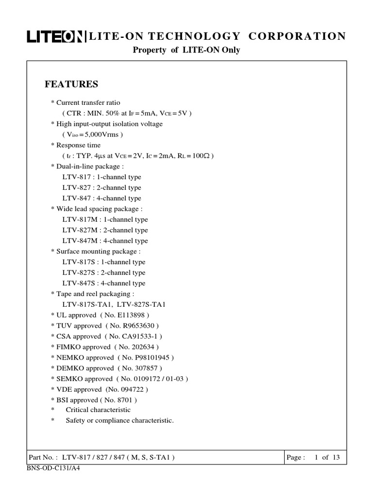 LiteOn Technology Corporation Features PDF Physical Quantities