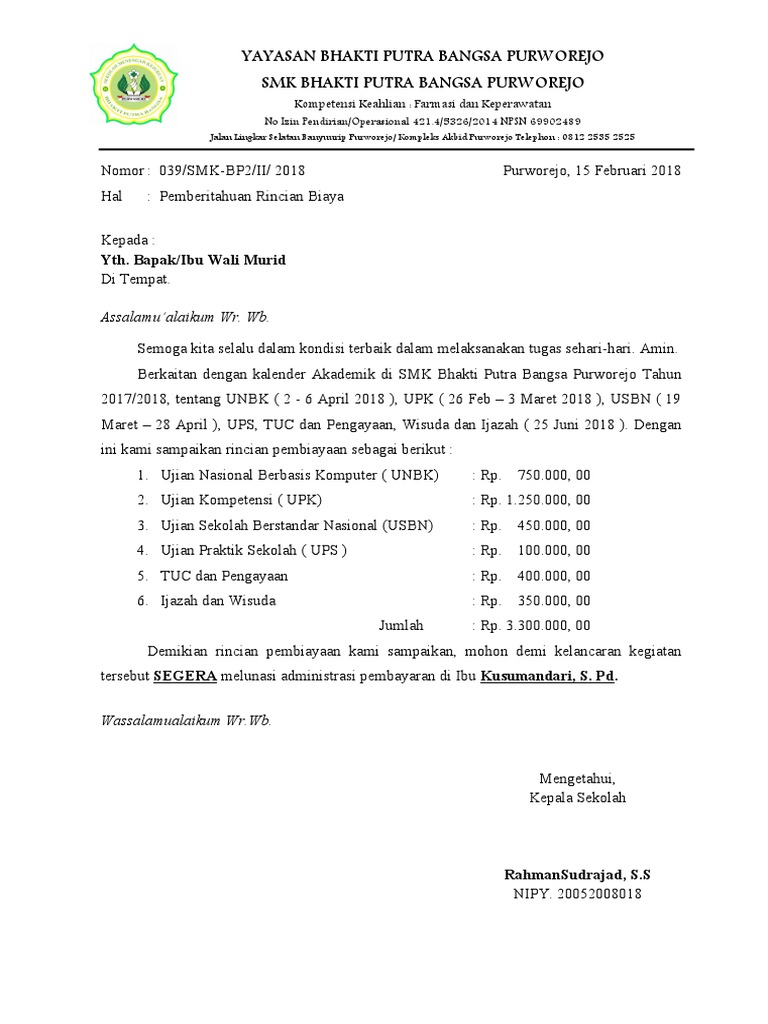 Rincian Biaya SMK Bhakti Putra Bangsa | PDF