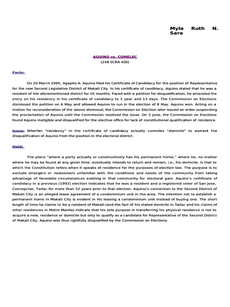 Aquino v comelec case digest pdf domicile law constitutional law