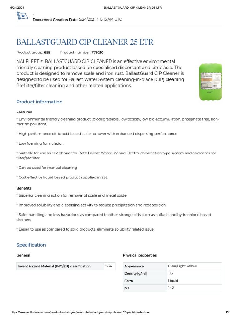 Ballastguard Cip Cleaner 25 LTR PDF Ph Water