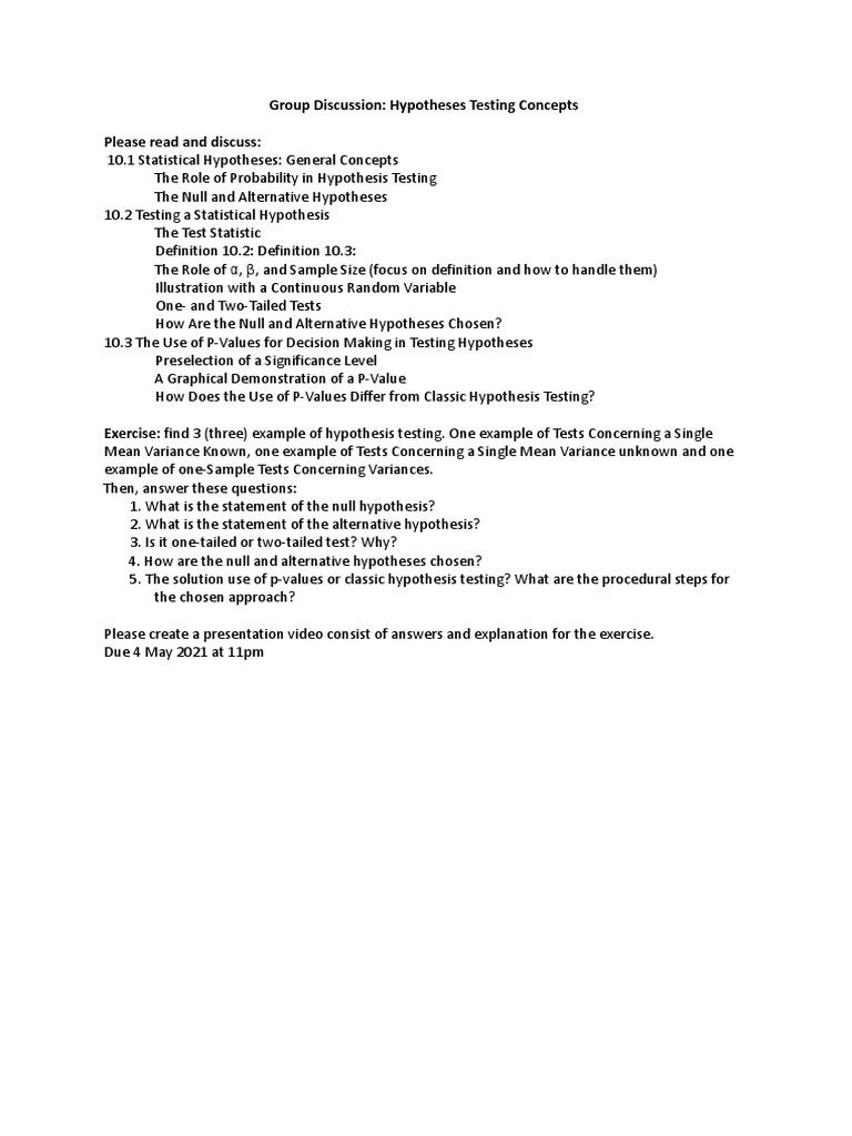 Group Discussion Hypotheses Testing Concepts Please Read and Discuss