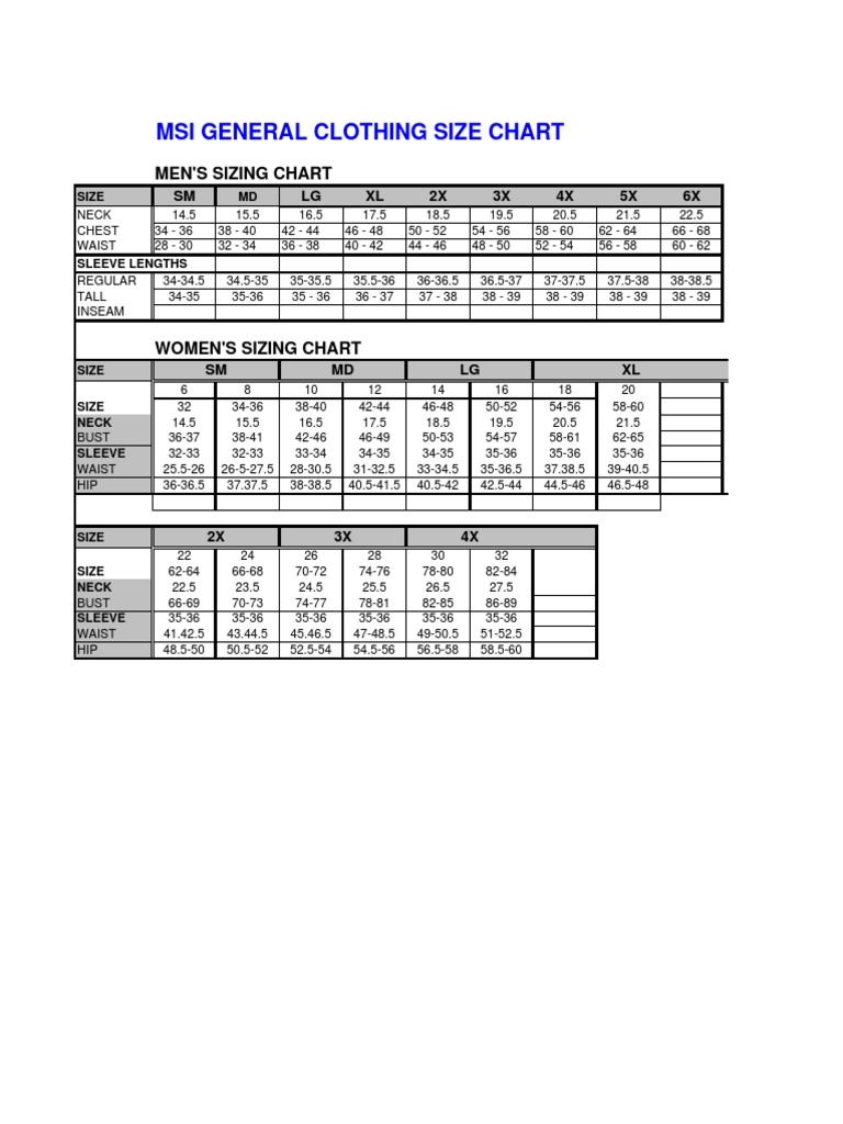 General Clothing Size Chart 282605 7 | PDF