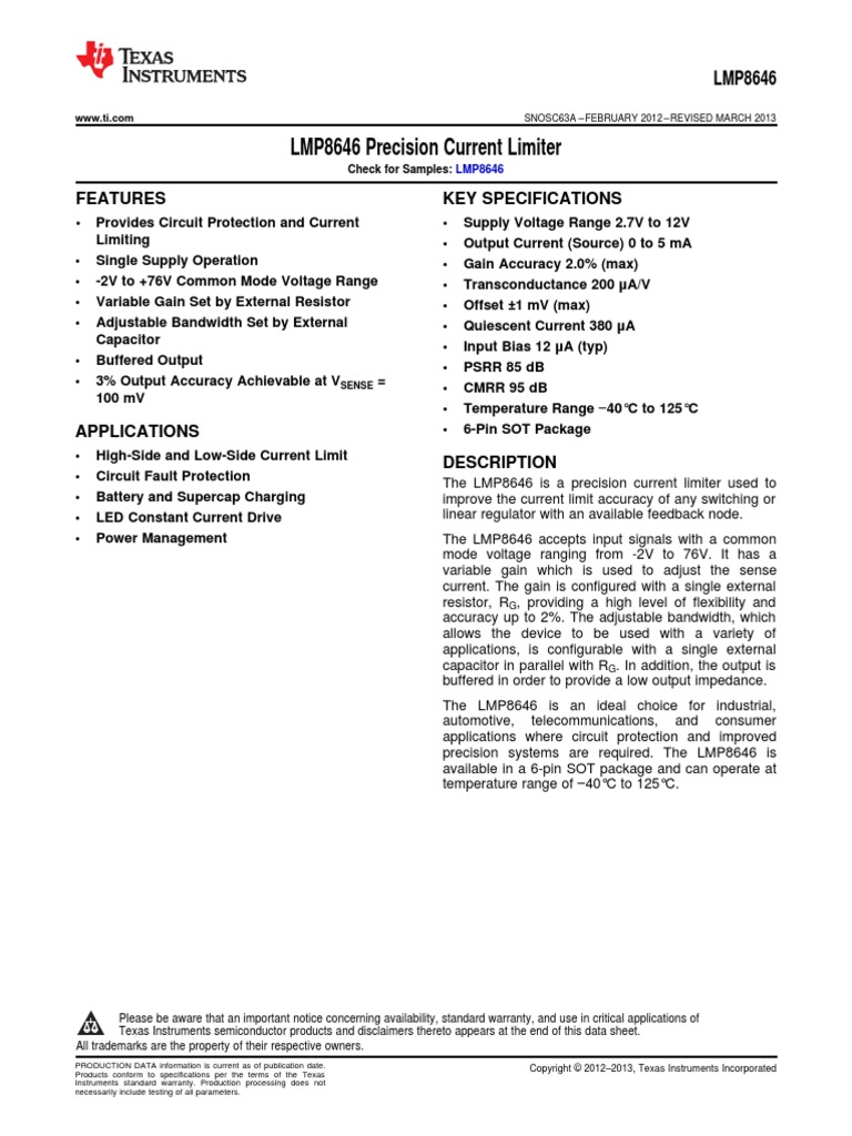 LMP8646 Precision Current Limiter: Features Key Specifications | PDF ...