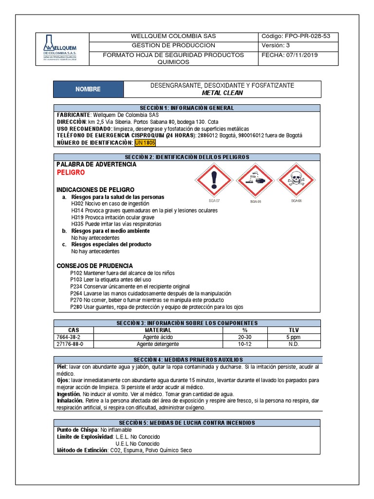 FDS Metal Clean (2019) | PDF | Agua | Residuos