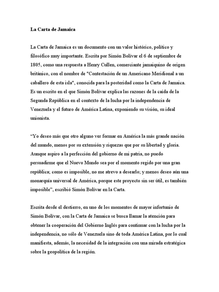 Carta de Jamaica PDF Hugo Chavez America latina